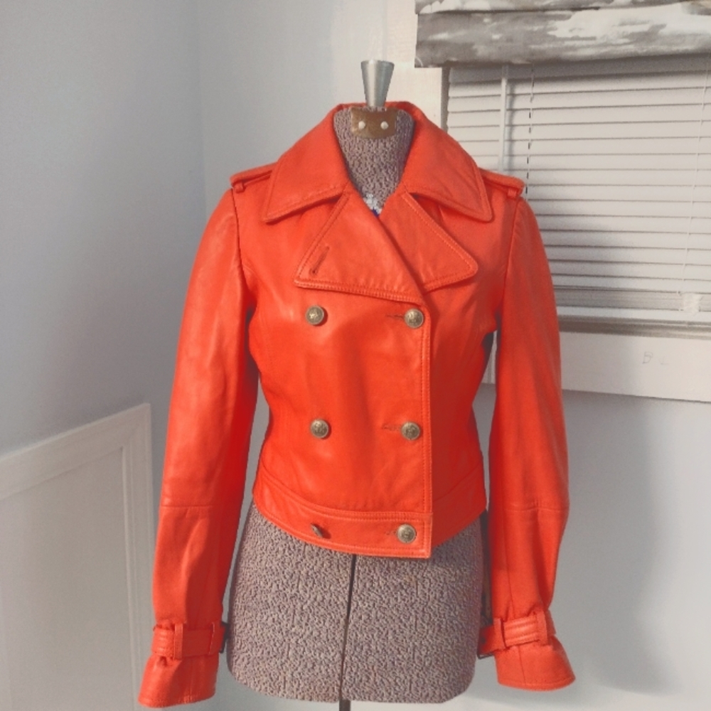 Hilfiger bright red leather bomber jacket xs